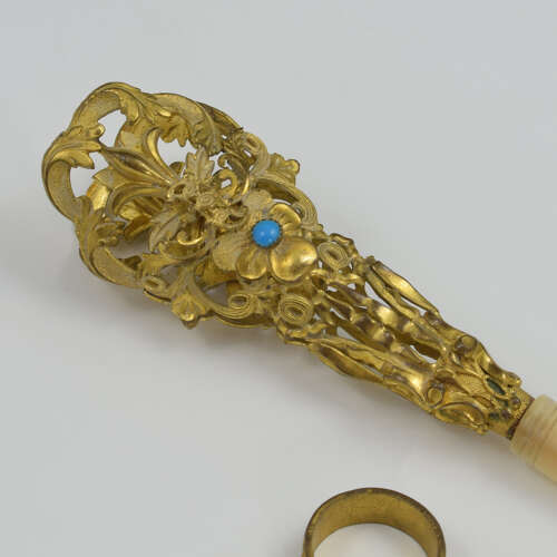 Beautiful French Gilt Ormolu Mother Of Pearl & Turquoise Tussie Mussie Nosegay Posy Holder
