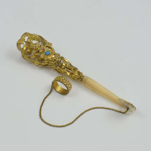 Beautiful French Gilt Ormolu Mother Of Pearl & Turquoise Tussie Mussie Nosegay Posy Holder