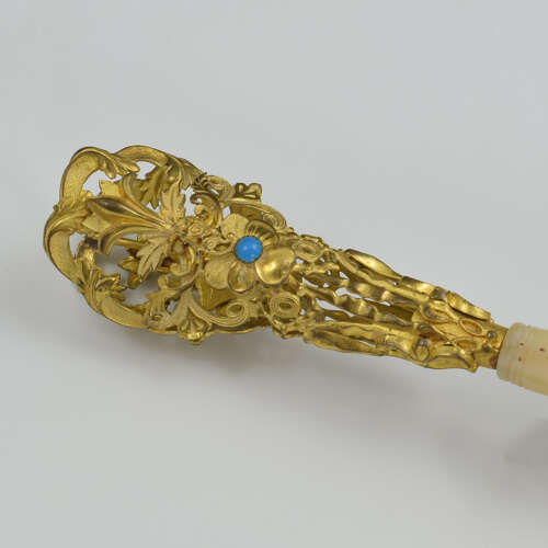 Beautiful French Gilt Ormolu Mother Of Pearl & Turquoise Tussie Mussie Nosegay Posy Holder