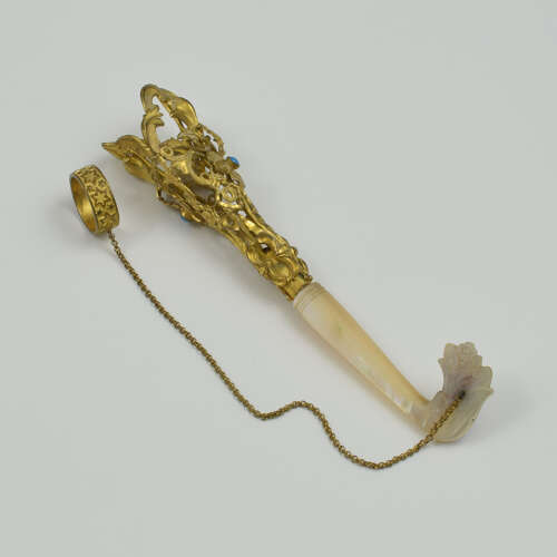 Beautiful French Gilt Ormolu Mother Of Pearl & Turquoise Tussie Mussie Nosegay Posy Holder
