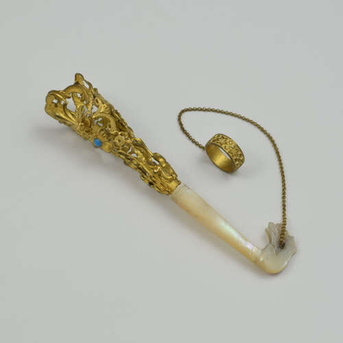 Beautiful French Gilt Ormolu Mother Of Pearl & Turquoise Tussie Mussie Nosegay Posy Holder