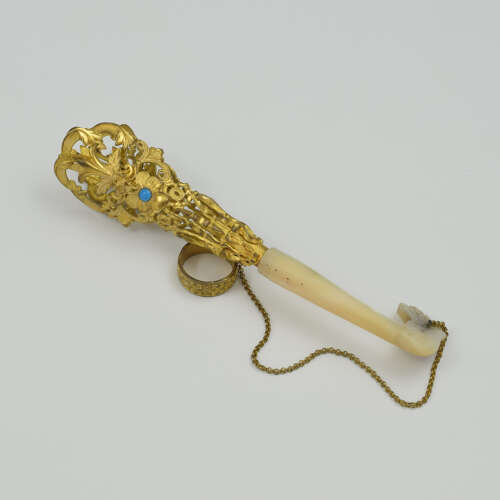 Beautiful French Gilt Ormolu Mother Of Pearl & Turquoise Tussie Mussie Nosegay Posy Holder