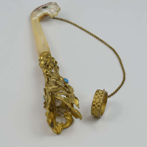 Beautiful French Gilt Ormolu Mother Of Pearl & Turquoise Tussie Mussie Nosegay Posy Holder
