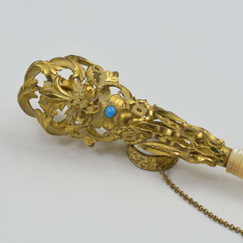 Beautiful French Gilt Ormolu Mother Of Pearl & Turquoise Tussie Mussie Nosegay Posy Holder
