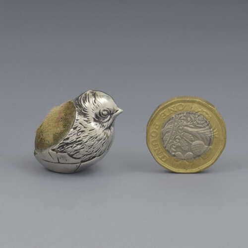 Edwardian Novelty Silver Miniature Hatching Chick Pin Cushion Sampson Mordan & Co. 1908