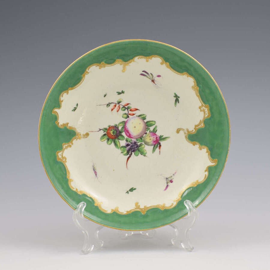First Period Worcester Porcelain Green Ground & Spotted Fruit Saucer Dish c.1770