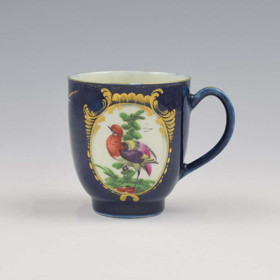 First Period Worcester Porcelain Fancy Birds & Wet Blue Coffee Cup c.1770