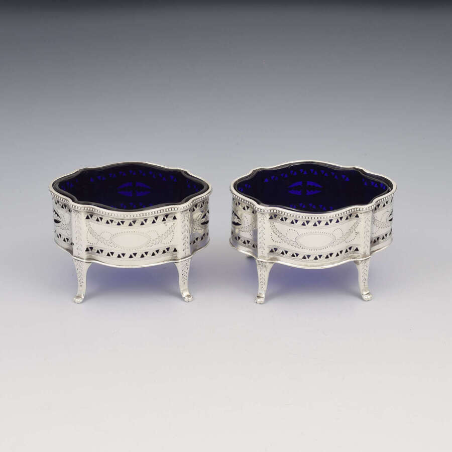 Stunning Pair Of Victorian Pierced Silver Serpentine Table Salts