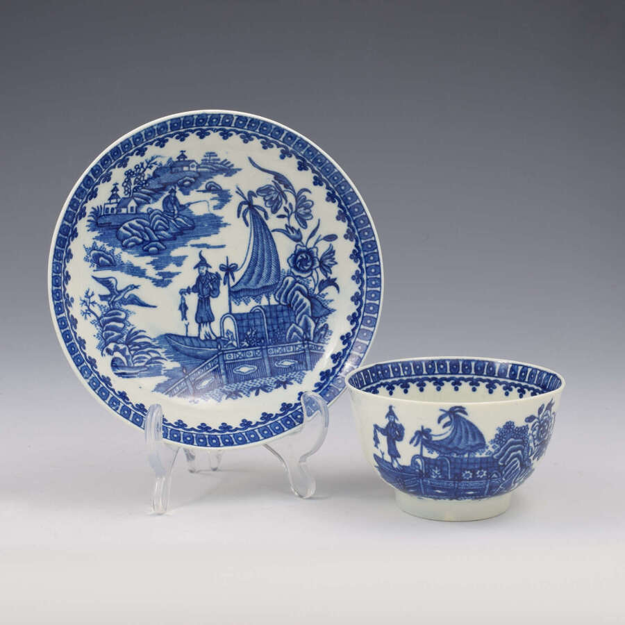 First Period Worcester Porcelain Fisherman Tea Bowl & Saucer c.1785