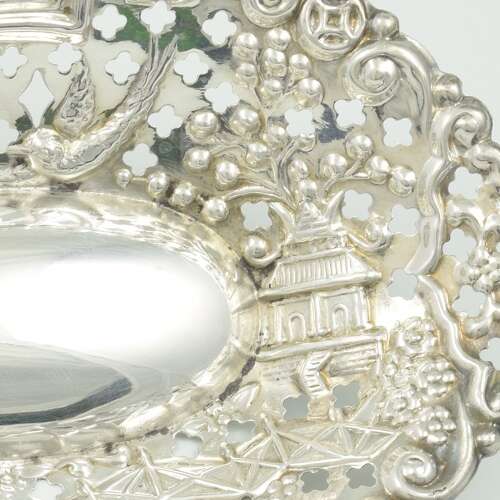 Pretty Edwardian Pierced Silver Trinket Dish Chinoiseries Scenes