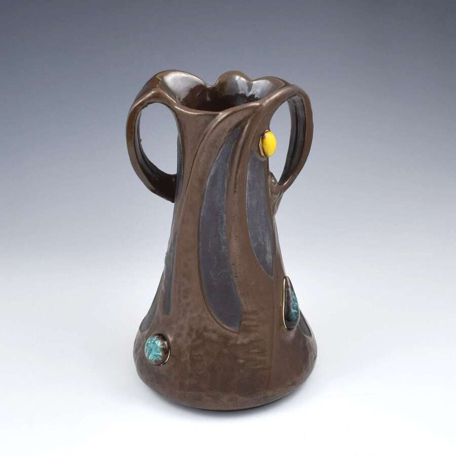 Large Bretby Pottery Art Nouveau Clanta Copper Effect Vase Jewelled Cabochons c.1900