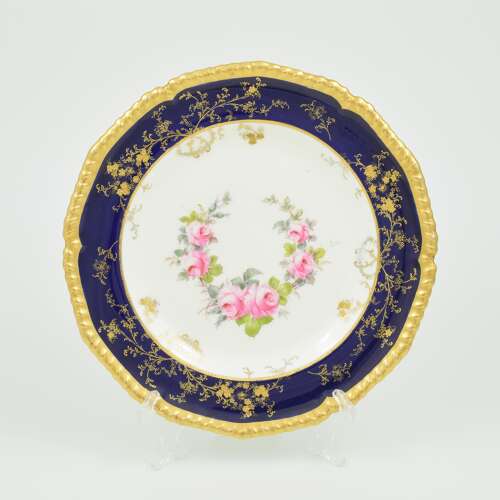 Superb Edwardian Royal Crown Derby Dessert Cabinet Plate Roses Gadrooned Rim Patt. 7599 a)