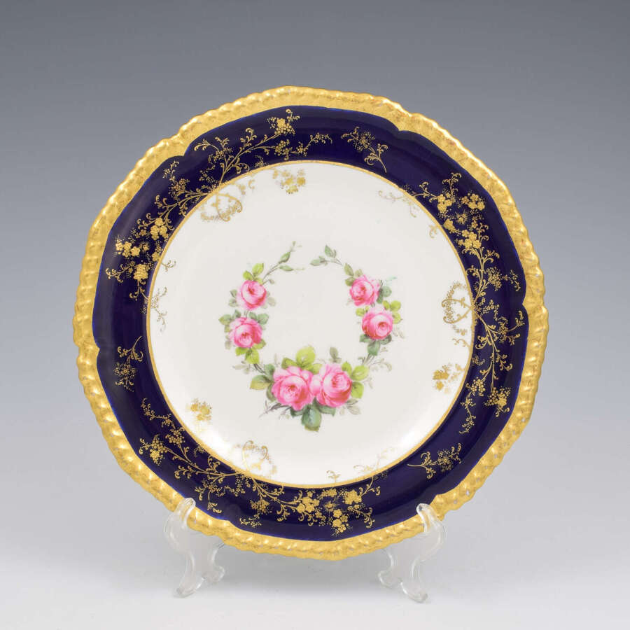 Superb Edwardian Royal Crown Derby Dessert Cabinet Plate Roses Gadrooned Rim 7599 b)
