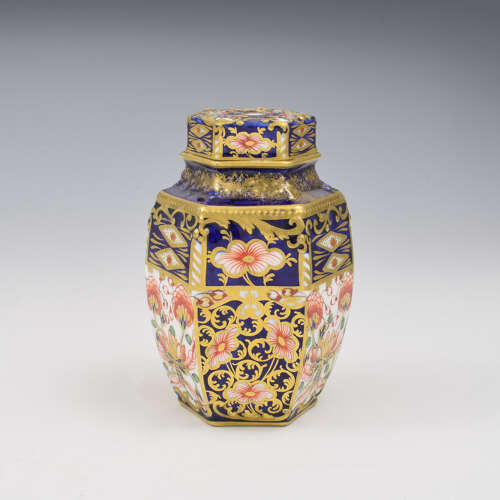 Victorian Royal Crown Derby Porcelain Hexagonal Tea Canister Witches Pattern 6299