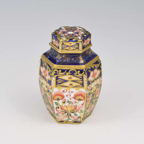 Victorian Royal Crown Derby Porcelain Hexagonal Tea Canister Witches Pattern 6299