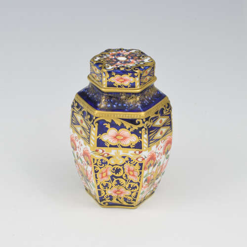 Victorian Royal Crown Derby Porcelain Hexagonal Tea Canister Witches Pattern 6299