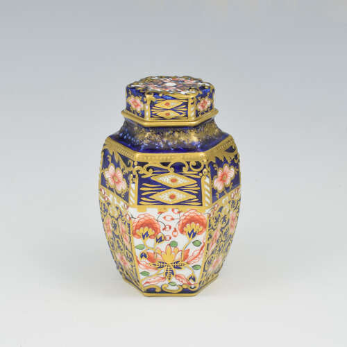 Victorian Royal Crown Derby Porcelain Hexagonal Tea Canister Witches Pattern 6299