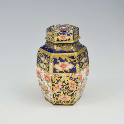 Victorian Royal Crown Derby Porcelain Hexagonal Tea Canister Witches Pattern 6299