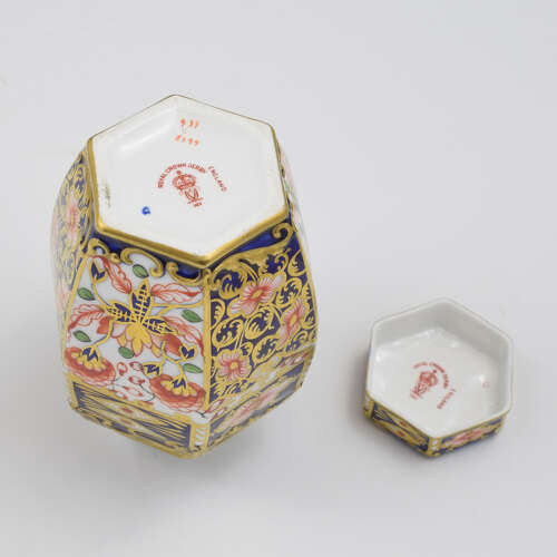 Victorian Royal Crown Derby Porcelain Hexagonal Tea Canister Witches Pattern 6299