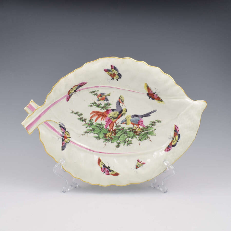 Rare Large 35cm Dr Wall / First Period Worcester Porcelain Fancy Birds Leaf Dish c.1768