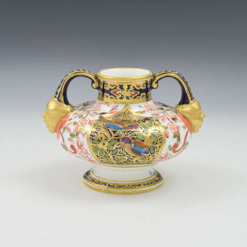 Beautiful Victorian Royal Crown Derby Porcelain Twin Handled Mask Vase c.1880